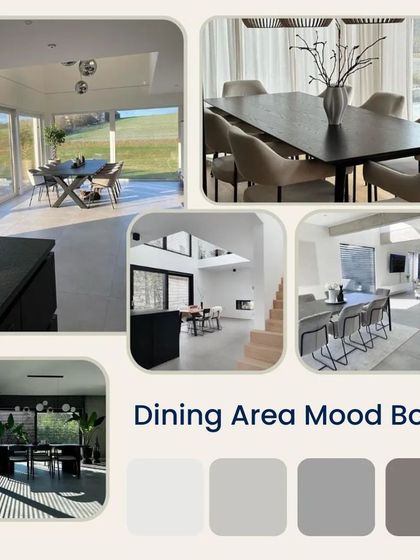 This dining area mood board focuses on creating a warm and inviting space with a neutral color palette, rich wood textures, and statement lighting.