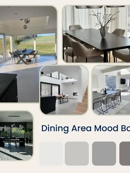 This dining area mood board focuses on creating a warm and inviting space with a neutral color palette, rich wood textures, and statement lighting.