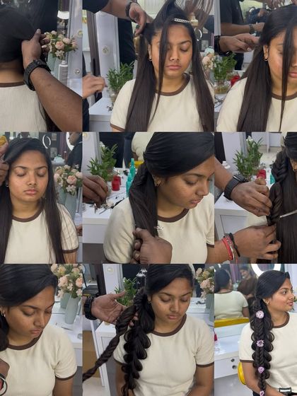 A collage showing the step-by-step process of creating an advanced side braid. This is a great reference for students to practice the technique.