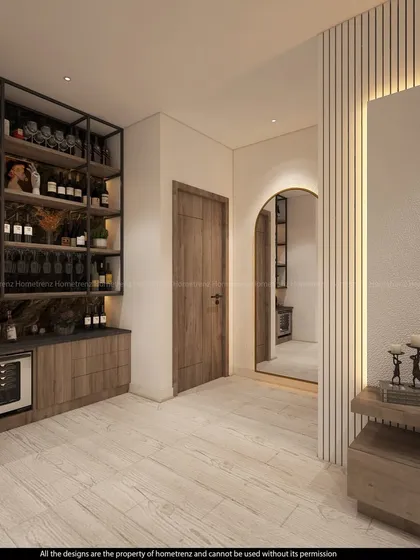 A sophisticated home bar setup. The design features an industrial-style metal and wood shelf for bottles and glassware, with a built-in wine cooler below.