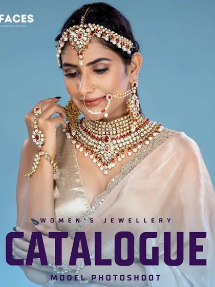 We specialize in bridal jewellery photography that captures the grandeur and intricate details of each piece. This studio shot highlights a complete bridal set, using professional lighting and a model to convey a sense of timeless elegance perfect for high-end catalogues and campaigns.
