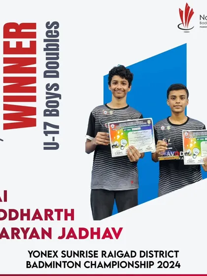 Our U-17 Boys Doubles winners, Sai Siddharth and Aryan Jadhav, showcasing their trophies and certificates after a dominant performance.