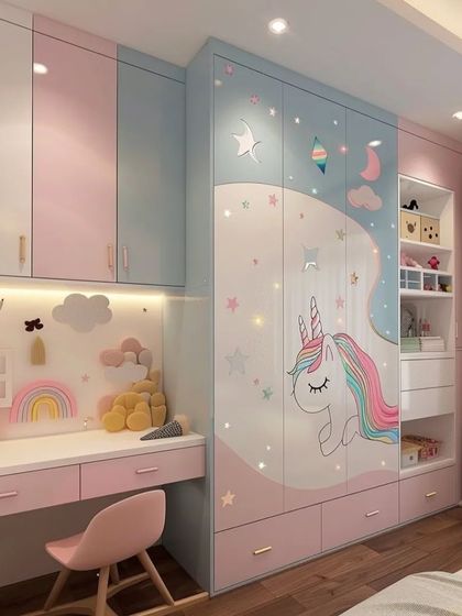 A beautiful and practical kids' room with a unicorn-themed wardrobe and study unit. The design uses a mix of pink, blue, and white for a playful yet clean look.