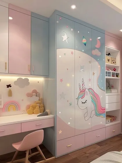 A beautiful and practical kids' room with a unicorn-themed wardrobe and study unit. The design uses a mix of pink, blue, and white for a playful yet clean look.