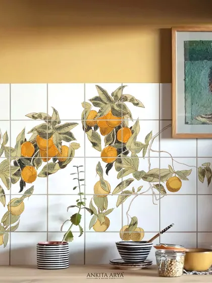 A splash of sunshine for your kitchen. These bespoke ceramic tiles feature a digitally hand-illustrated design of fresh oranges on the vine, turning a simple backsplash into a vibrant, functional piece of art that brightens the entire space.