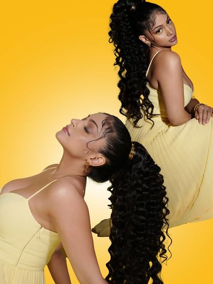 A creative double-exposure shot of the model with the high ponytail, showcasing the hairstyle from different angles.