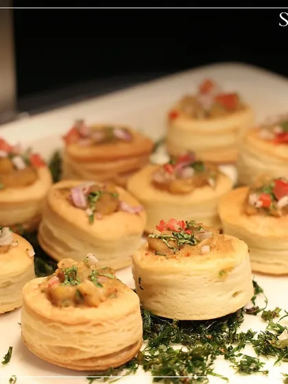 Bite-sized vol-au-vents, showcasing another savoury treat from our sustainable menu. We prove that eco-conscious food can be elegant and delicious.