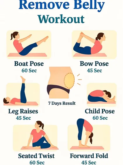 This chart promises results in 7 days with poses like Boat Pose, Bow Pose, and Leg Raises, designed to target and reduce belly fat.
