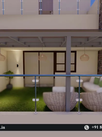 A render of a cozy balcony lounge with artificial grass and a simple pergola cover, viewed from the exterior.