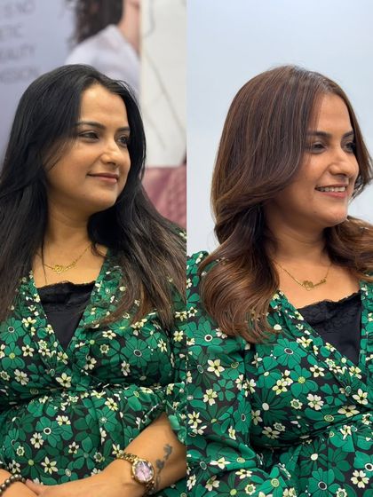A side-by-side comparison showing the client's happy reaction to her new caramel brown hair.