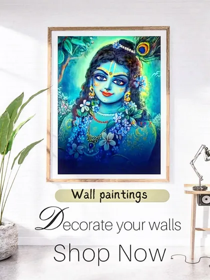 This 3ft by 5ft acrylic on canvas shows how a large, traditional Krishna painting can become the soul of a room. The artwork is designed to decorate your walls with spiritual energy and beauty, making a profound statement of faith.