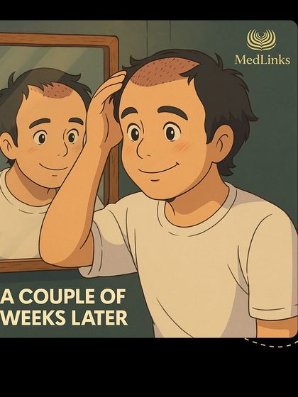 A few weeks after the procedure, our Ghibli-inspired character is already seeing the beginnings of his new hair and smiling at his reflection.