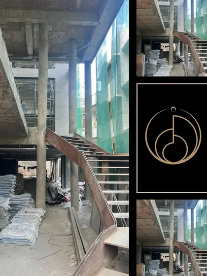 Building dreams one step at a time. This collage shows a metal staircase structure being put into place on-site, bridging different levels and bringing the architectural vision closer to reality.