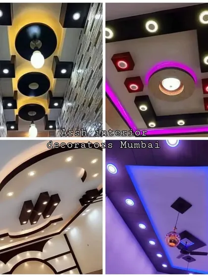 This collage focuses on false ceiling light designs, from simple spotlights to dramatic, multi-colored cove lighting.