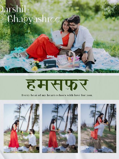 This design beautifully combines Hindi calligraphy with images of a romantic proposal and playful moments, adding a cultural and personal touch to the pre-wedding album.