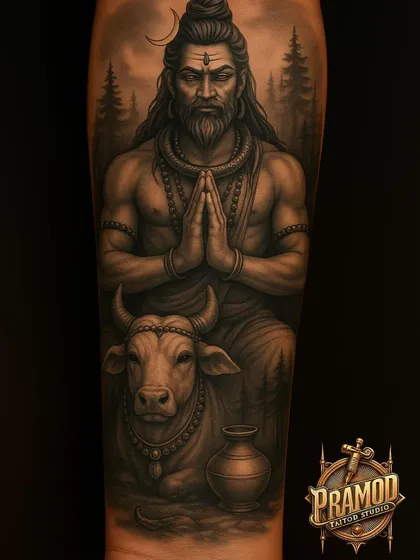 A beautiful depiction of Mahadev with Nandi and a kalash (pot). This design represents devotion, prosperity, and the peaceful energy of the divine, set against a forest backdrop.