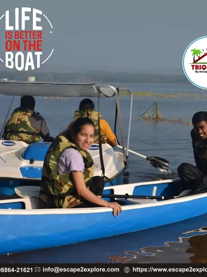Life is better on the boat. Guests enjoying a mix of our watercraft, including a canoe and a pedal boat.