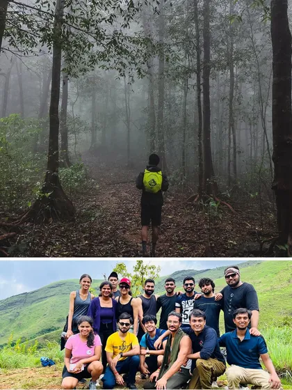 A collage showing both the solitude of a lone trekker in a misty forest and the camaraderie of a group on a sunny meadow.