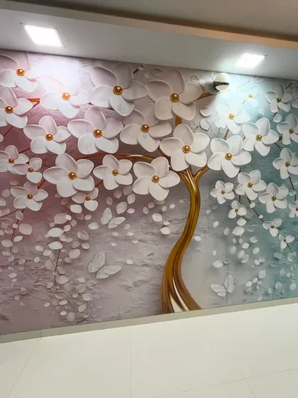 A finished installation of our popular 3D flowering tree wallpaper with a pink and blue gradient background, brightening up the entire space.