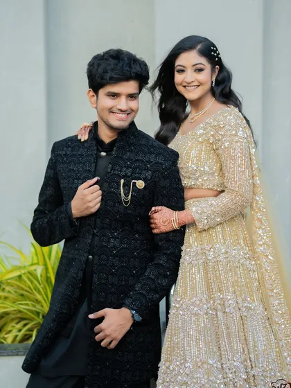 A confident and stylish portrait of Apoorv and Shikha. This photo captures their personalities and the elegance of their engagement look.