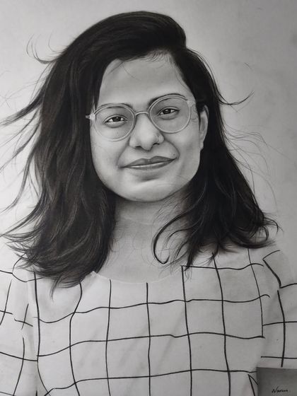 A portrait of a woman with glasses, where the challenge was to capture the reflection and transparency of the lenses. This was drawn on A3 ivory paper.