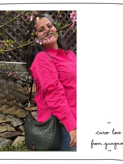 A picture-perfect moment with Sohini from Gurgaon and her Caro bag in Woven Moss. The joy is infectious.