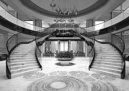 This render showcases the architectural genesis of a grand residential villa, centered around a symmetrical, dual-curved staircase. Our design process begins with such visualizations, ensuring every line and form contributes to a seamless blend of function and grandeur. This is where the idea of architectural elegance takes its first shape.
