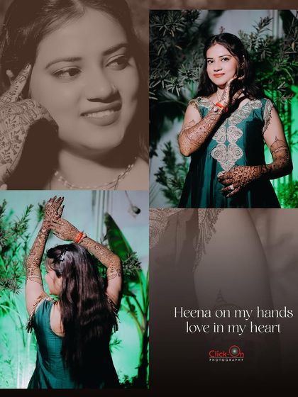 A collage of a bride at her Mehndi ceremony, capturing different poses including a back shot and a close-up, telling a complete story of the event.