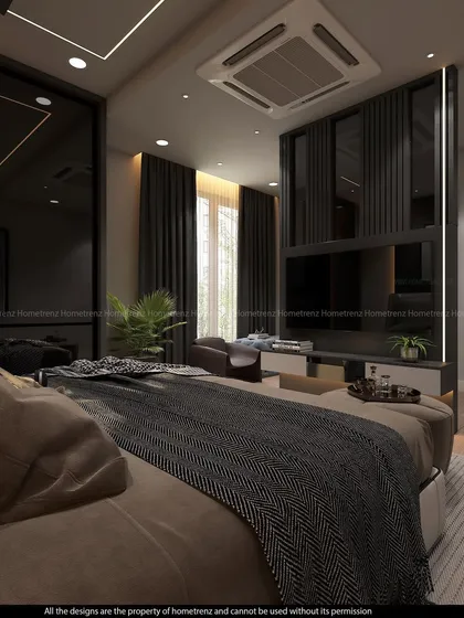 This master bedroom features a clever TV unit that also acts as a partition, creating a semi-private nook by the window. The design maximizes both space and functionality.