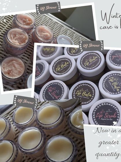 A collage showing my winter lip care products. I make my lip balms and scrubs in larger quantities during the colder months to help fight dryness.