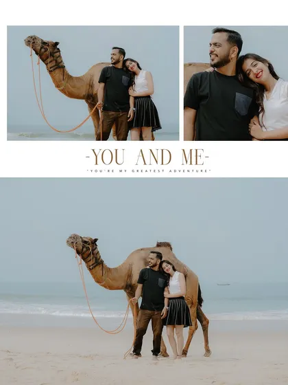 A romantic collage from the camel beach shoot. It combines wide shots with intimate close-ups to tell a story of adventure and togetherness.
