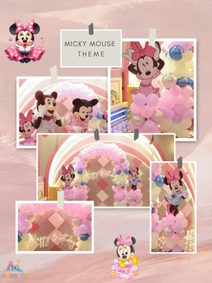 A classic and adorable Mickey and Minnie Mouse theme! This collage shows the cute balloon decorations and character appearances that made this party so special.