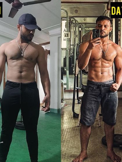 From Day 1 to Day 100, this client went from 82 kg to a lean 75 kg, losing fat while gaining muscle. The visual difference in definition and muscle tone is clear.