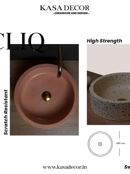 Our 'Cliq' circular concrete basin, shown here in a terracotta and a terrazzo finish. It is scratch-resistant and offers high strength, perfect for a minimalist yet impactful design.