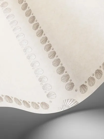 The Conchiglie pattern in a clean, white-on-white colorway. The subtle texture and sheen of the metallic shells create a delicate and refined geometric design, perfect for a minimalist yet luxurious interior.