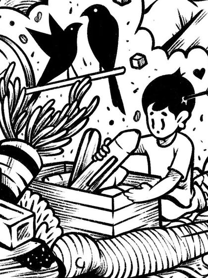 A detail from the Redbull doodle, showing a child finding and caring for small things amidst the destruction.