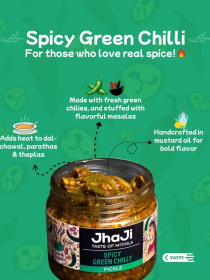 For those who love real spice, our Spicy Green Chilli pickle is made with fresh green chillies stuffed with flavourful masalas. It's handcrafted in mustard oil for a bold flavour that adds heat to any meal.