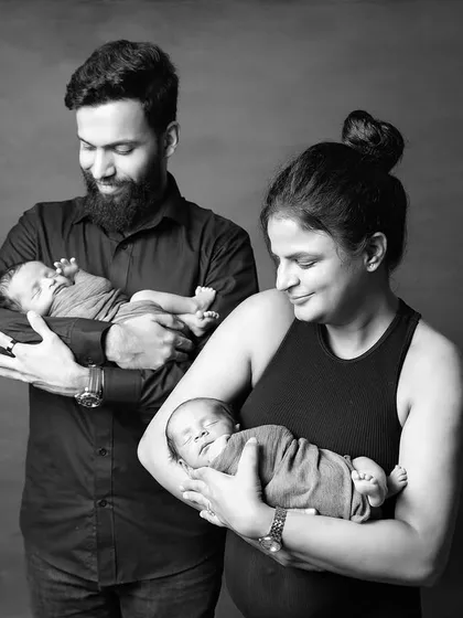 A family portrait of pure love. Welcoming twins is double the blessing, and I love capturing the first moments of a new family of four in a timeless black and white photo.