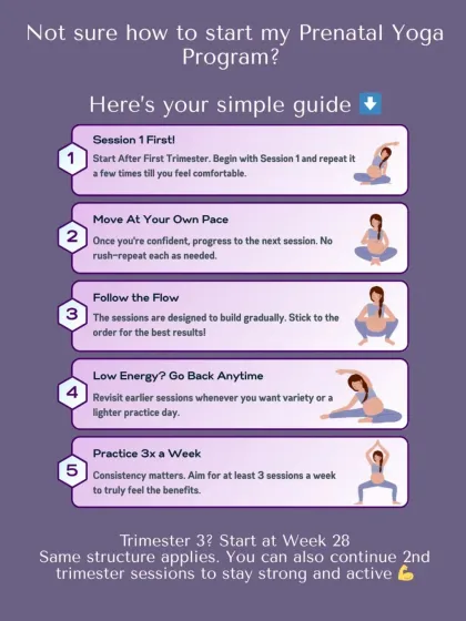Here is a simple guide to starting my prenatal yoga program. The sessions are designed to build on each other, but you can always revisit earlier ones on low-energy days.