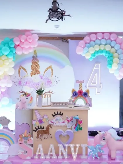 A pastel rainbow and unicorn theme, perfect for a magical celebration. This setup includes a large circular backdrop, a rainbow balloon arch, and multiple unicorn props for a complete fantasy world.