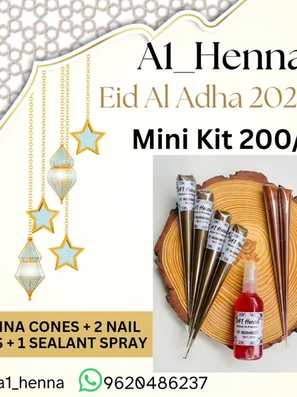 My Eid Mini Kit is a great gift or personal set. It includes 4 henna cones, 2 nail cones, and a sealant spray to make your designs pop.