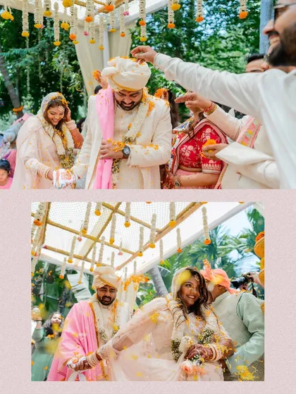 A collage showing the fun and playful rituals of a Gujarati wedding, where the couple is blessed and teased by their family and friends.