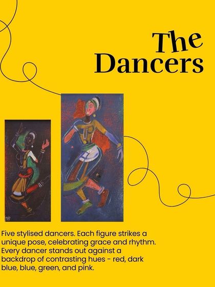 'The Dancers' by Shiavax Chavda. Five stylized dancers, each striking a unique pose, celebrate grace and rhythm against a backdrop of contrasting hues.