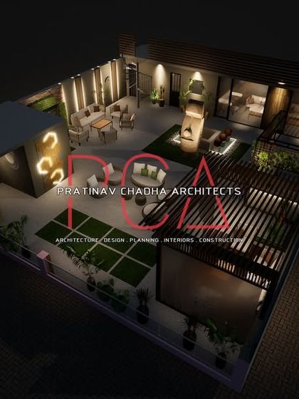 Another aerial view of the terrace garden visualization. This angle highlights the pergola structure and the geometric layout of the synthetic grass patches, adding a modern touch to the landscape design.