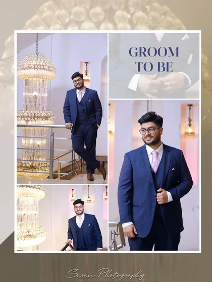 A collage dedicated to the "Groom to Be," featuring several portraits of him in his sharp suit.