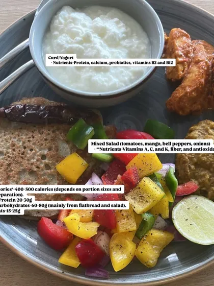 This is what a client's protein-packed and fiber-rich lunch looks like. A balanced plate with mixed salad, curd yogurt, and flatbread, totaling 400-500 calories. My plans are about nourishing your body, not depriving it.