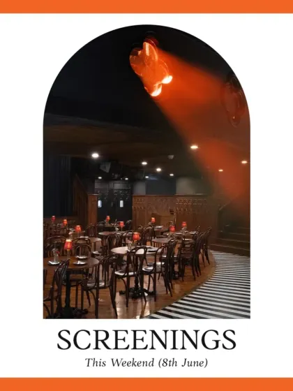 Our weekend lineup is out. This graphic, featuring the iconic stage at The Piano Man, lets our followers know about upcoming screenings, with a special shoutout for our not-to-be-missed gourmet cinema event.