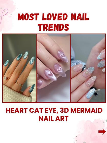 A showcase of some of our most loved recent trends. This includes a mesmerizing heart cat-eye, a shimmering blue-green cat-eye, and intricate 3D mermaid-inspired art.