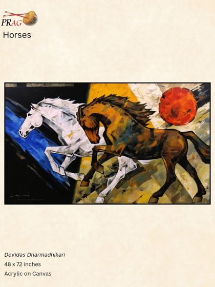 A dynamic painting by Devidas Dharmadhikari of two horses, one light and one dark, galloping against an abstract background, symbolizing opposing forces in harmony.