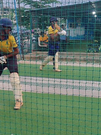 Batting practice in the nets at our Whitefield facility. The nets are a core part of our daily training routine.